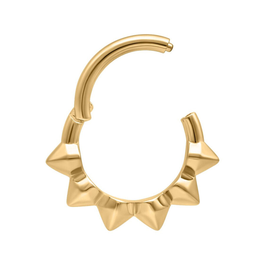 Aro de piercing dorado con diseño de espigas sobre fondo blanco