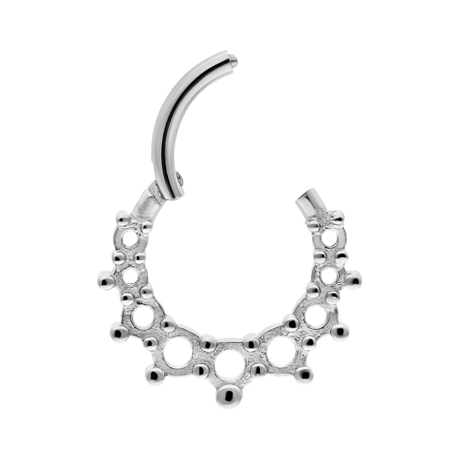 Anillo Piercing Clicker de Burbujas Plateado Anillo Piercing Clicker de Burbujas Plateado de acero quirúrgico sobre fondo blanco