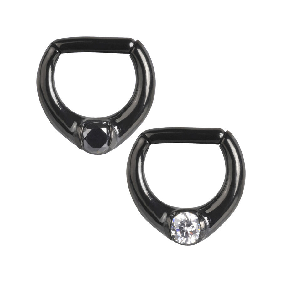 Clicker de septum negro con cristales Dos clickers de septum negros de acero quirúrgico con cristales y piedras negras sobre fondo blanco