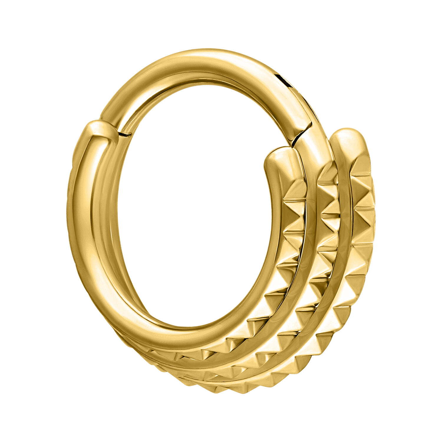 Clicker de septum dorado con diseño de triple spike sobre fondo blanco