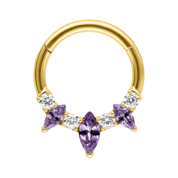 Septum Clicker de oro con cristales de amatista sobre fondo blanco