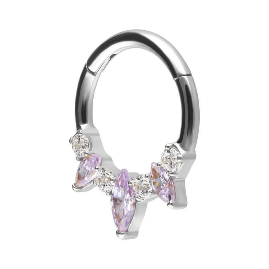 Septum Clicker plateado con cristales lavanda sobre fondo blanco
