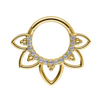 Clicker de septum dorado con diseño de flores y cristales sobre fondo blanco