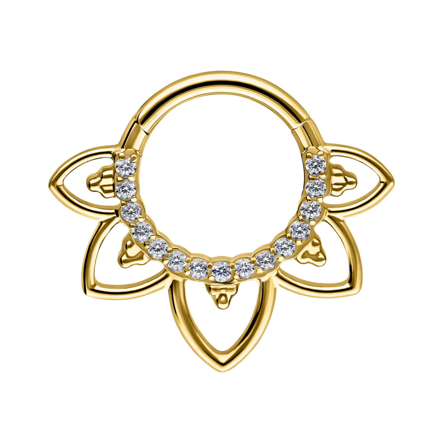 Clicker de septum dorado con diseño de flores y cristales sobre fondo blanco