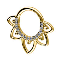 Clicker para septum dorado con cristales sobre fondo blanco