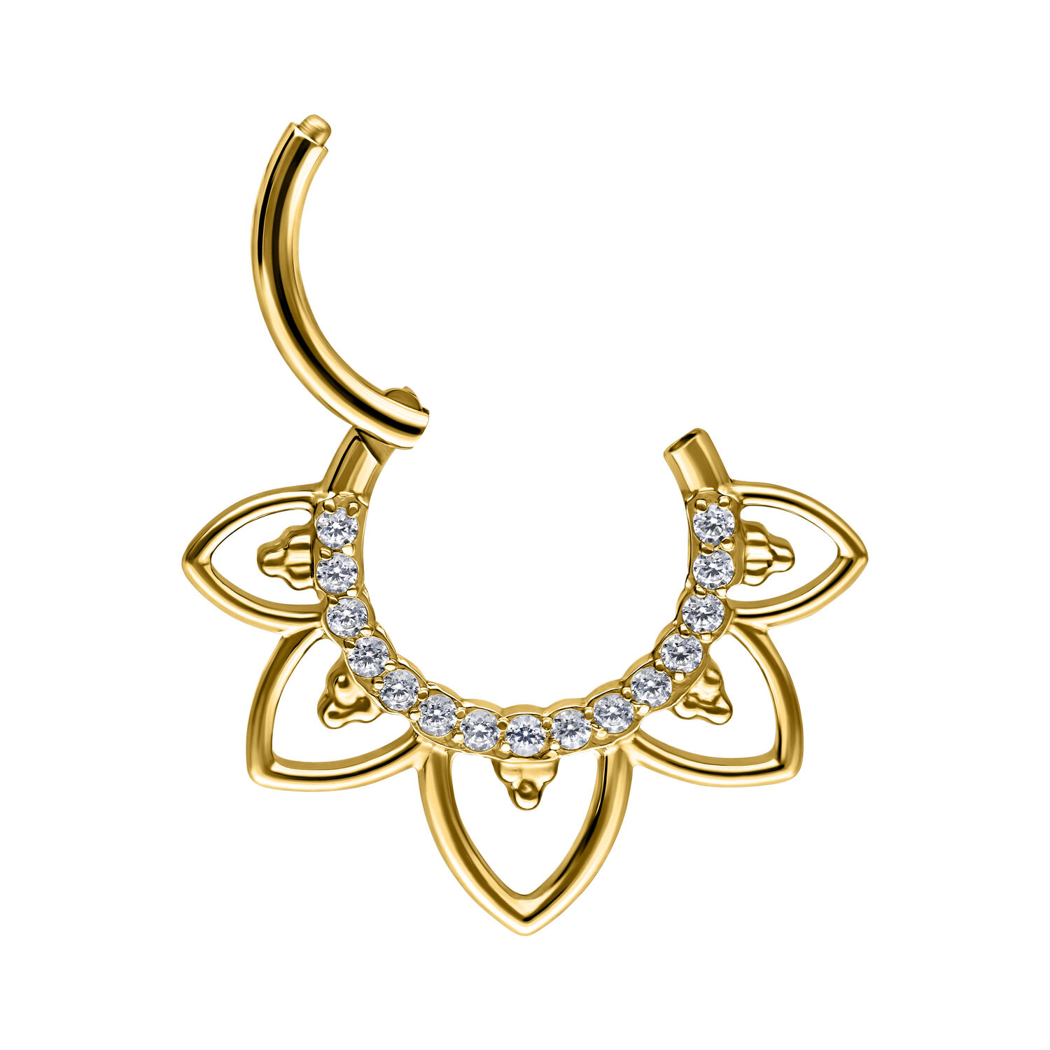 Clicker de septum dorado con diseño floral y cristales sobre fondo blanco