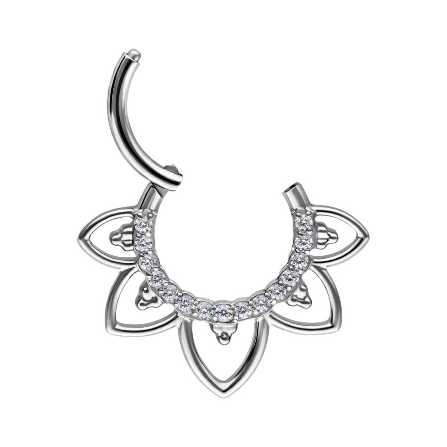 Septum Clicker plateado con diseño de flores y cristales, sobre fondo blanco