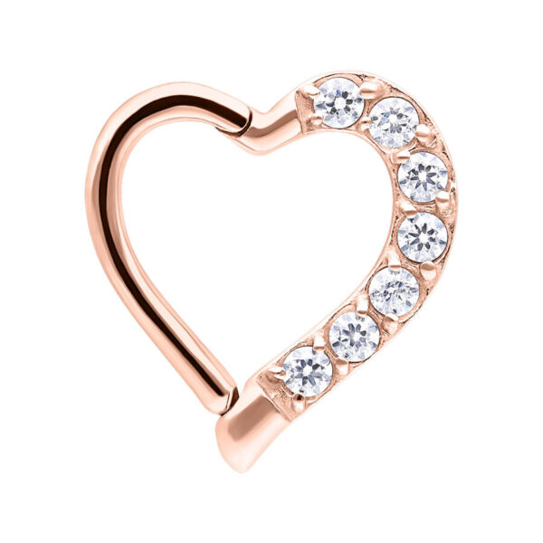 Anillo de corazón en oro rosa con cristales claros, 8,0 mm, sobre fondo blanco