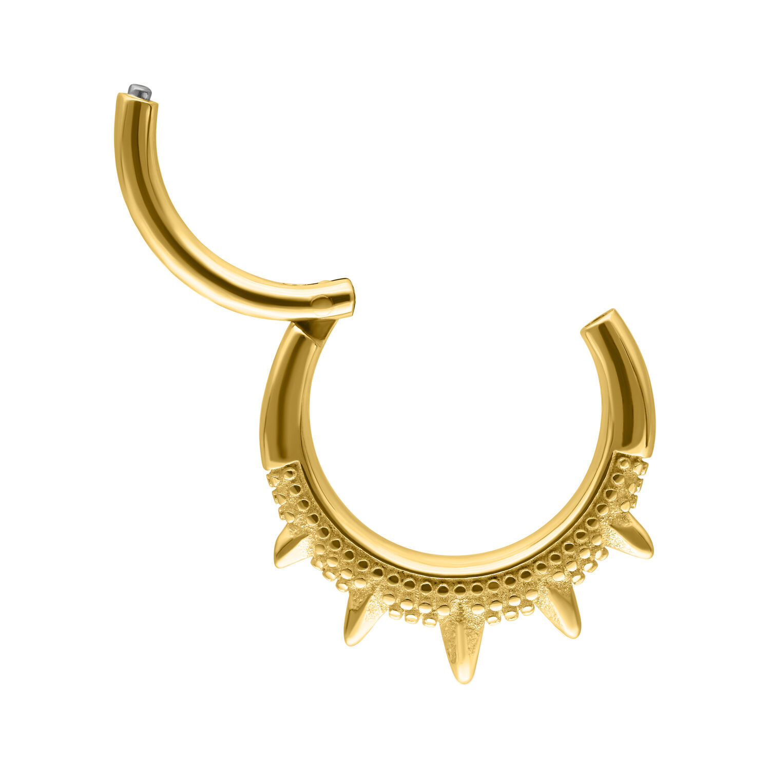 Clicker de septum dorado con picos sobre fondo blanco