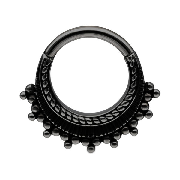 Aro de piercing negro de acero quirúrgico con bolas decorativas sobre fondo blanco