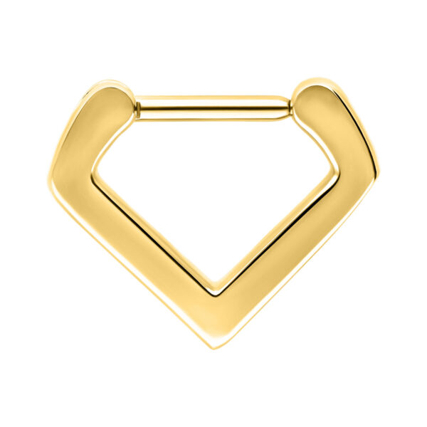 Clicker de Septum dorado triangular de acero quirúrgico sobre fondo blanco