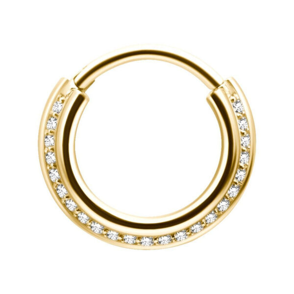Clicker de septum dorado con cristales, 1,2 mm de grosor, 6,0 mm de diámetro interno, sobre fondo blanco
