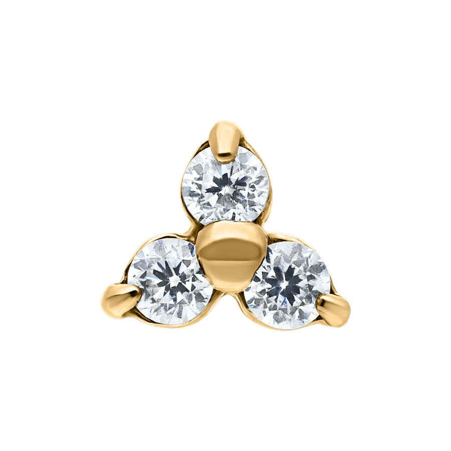 Accesorio Dermal Trinity Dorado con Cristales Accesorio Dermal dorado con tres cristales claros sobre fondo blanco