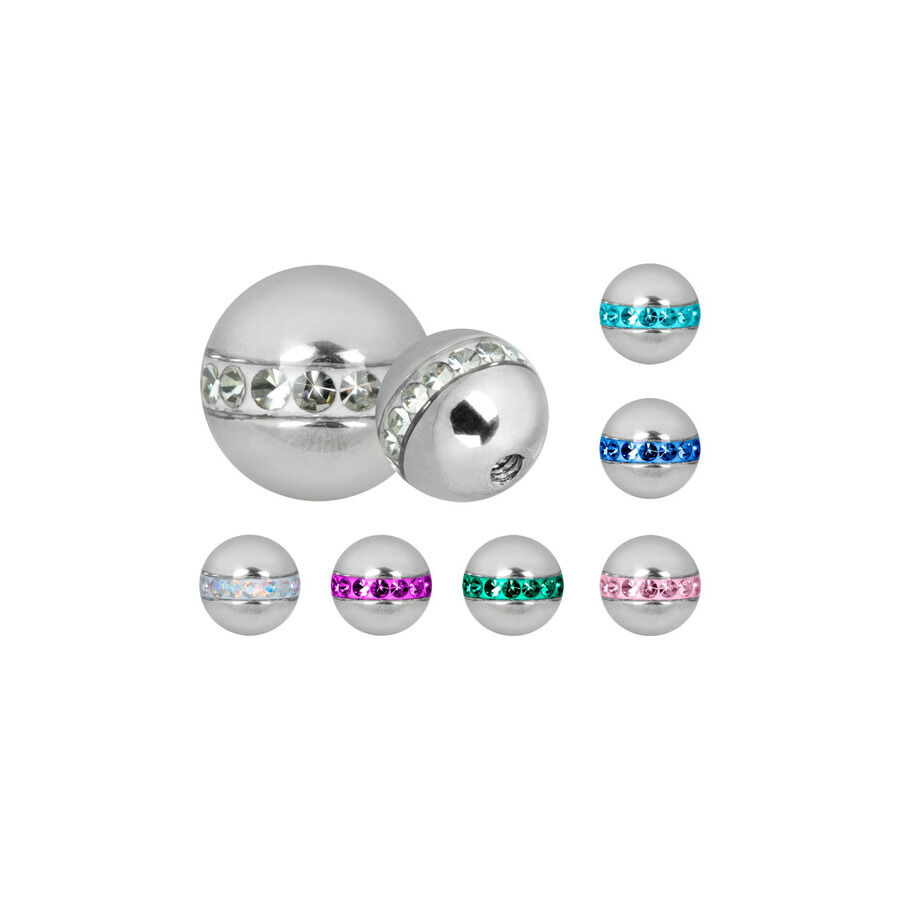 Accesorio de piercing plateado con cristales de colores sobre fondo blanco
