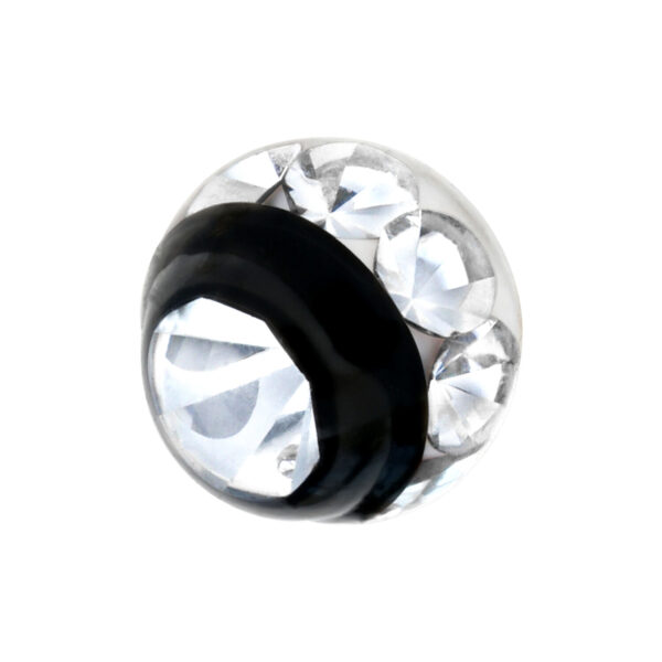 Accesorio de piercing negro de acero quirúrgico con cristales claros sobre fondo blanco