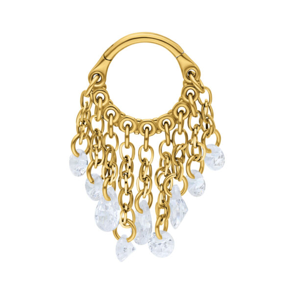Clicker de Piercing Dorado con colgantes cristalinos sobre fondo blanco