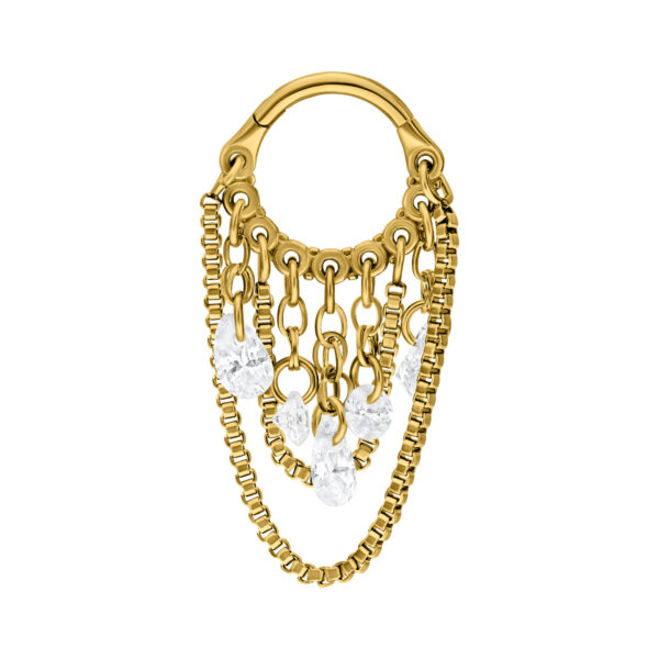 Clicker de piercing dorado con cristales claros y diseño de cadena de serpiente sobre fondo blanco