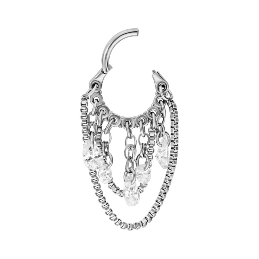 Clicker de piercing plateado con cristales claros sobre fondo blanco