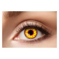 Ork Eye Kontaktlinsen in Gelb-Schwarz Gelb-schwarze Ork Eye Kontaktlinsen auf einem Auge mit natürlicher Hautfarbe