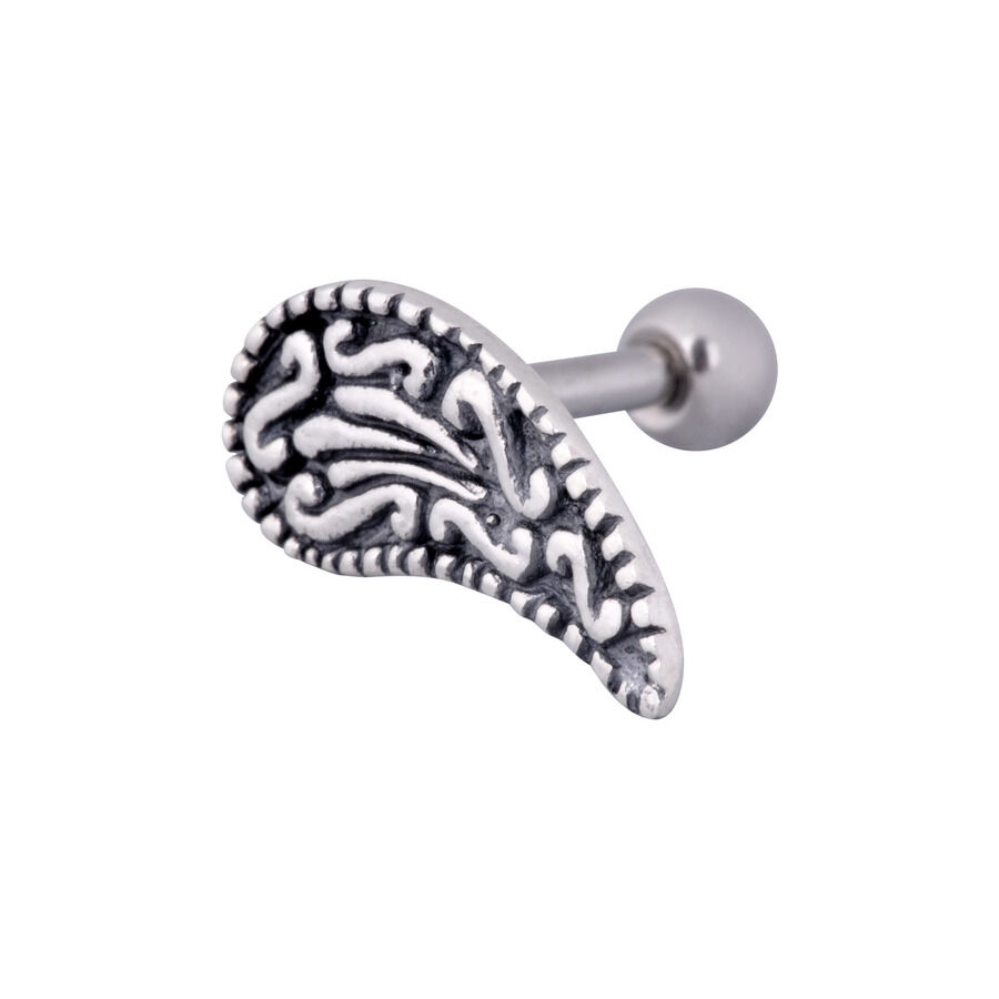 Barra de plata para la oreja con diseño de paisley sobre fondo blanco