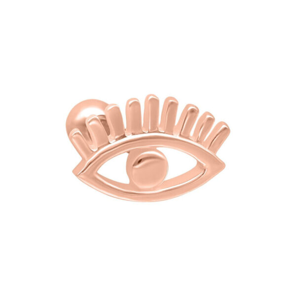 Barbell para oreja en oro rosa con un ojo estilizado y pestañas sobre fondo blanco