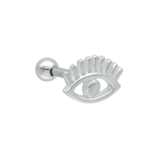 Piercing de oreja plateado en forma de ojo con pestañas, sobre fondo blanco