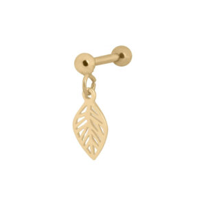 Barbell de oreja dorado con colgante en forma de hoja sobre fondo blanco