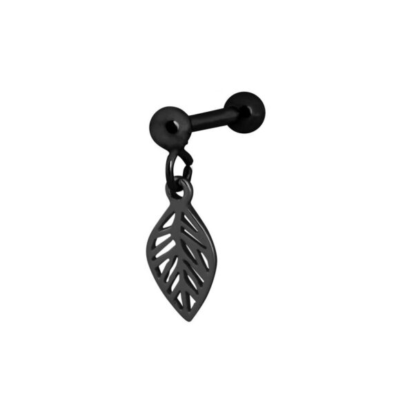 Barbell negro para la oreja con colgante de hoja de acero quirúrgico, sobre fondo blanco