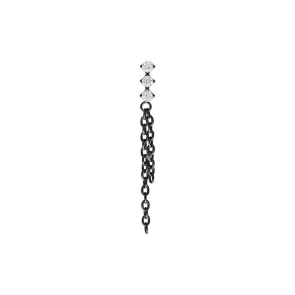Accesorio de piercing de metal negro con cadenas de cristal colgantes sobre fondo blanco