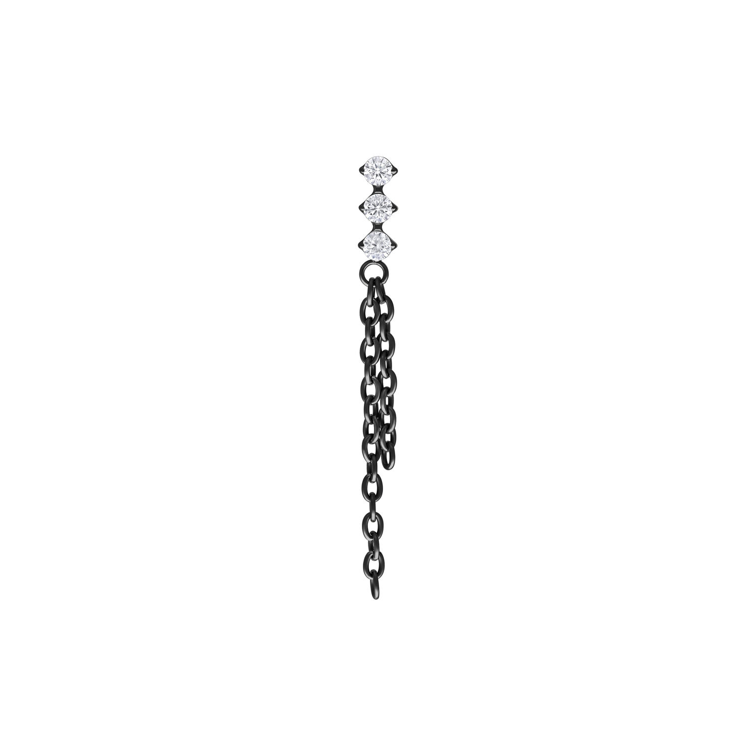 Accesorio de piercing de metal negro con cadenas de cristal colgantes sobre fondo blanco