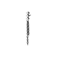 Accesorio de metal negro con cristales claros y cadenas colgantes sobre fondo blanco