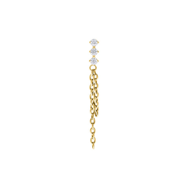 Accesorio Push Fit dorado con cadenas de cristal colgantes sobre fondo blanco