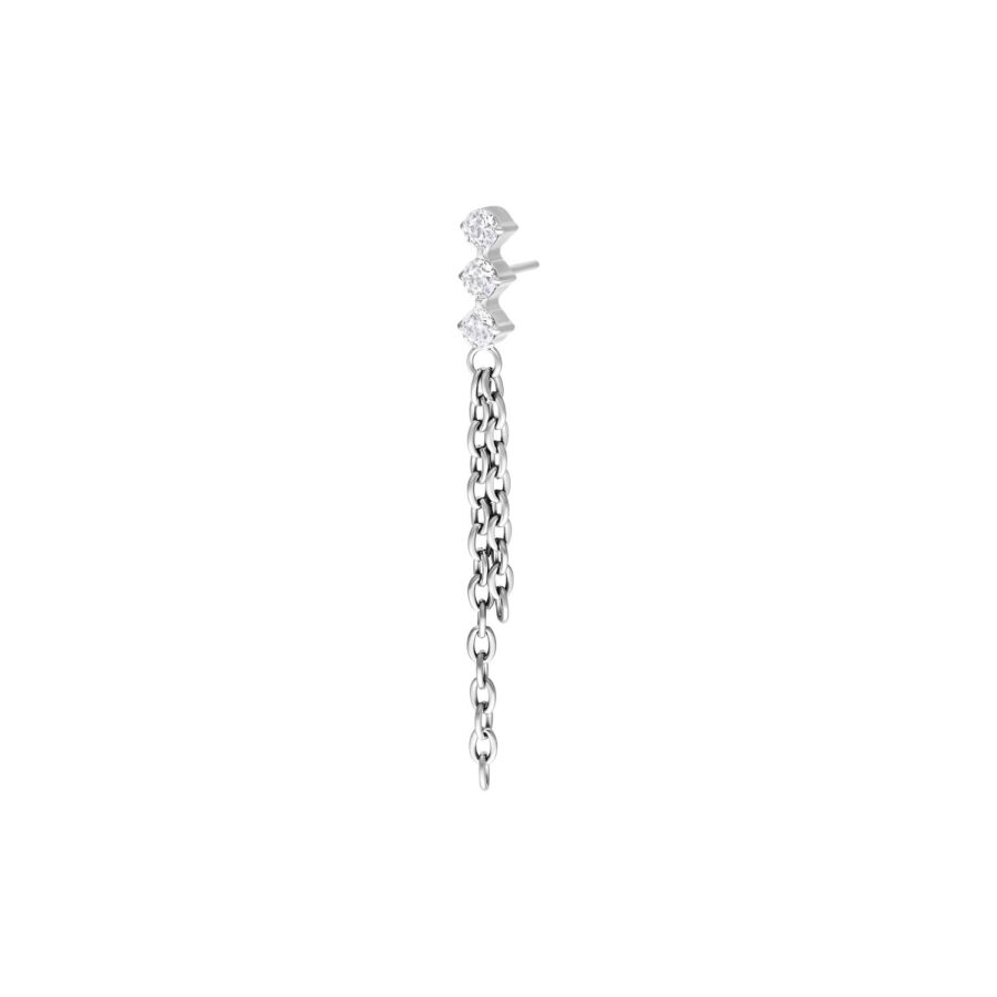 Accesorio de piercing plateado con tres cristales claros y cadenas colgantes sobre fondo blanco