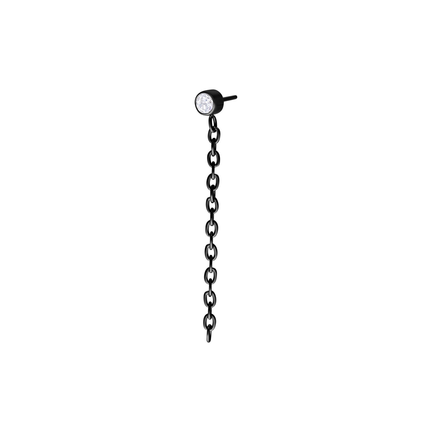 Accesorio de metal negro con cristal claro y colgante de cadena sobre fondo blanco