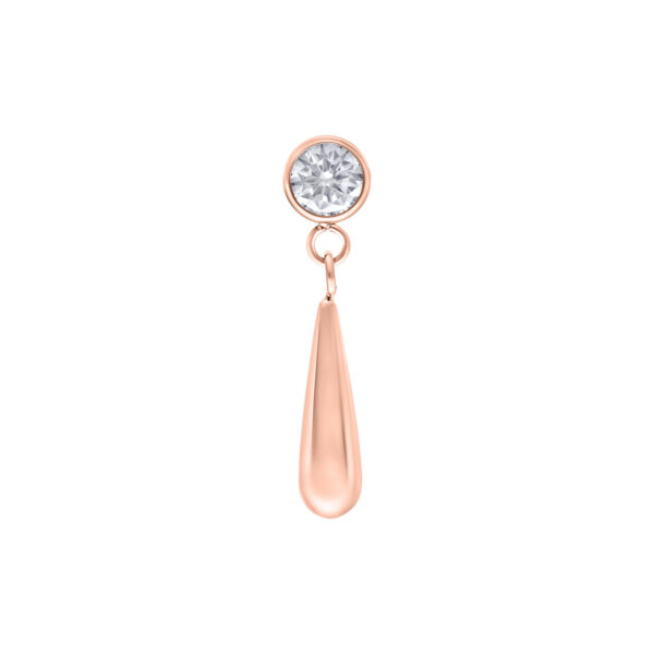 Adorno Push Fit en roségold con cristal claro y forma de gota sobre fondo blanco