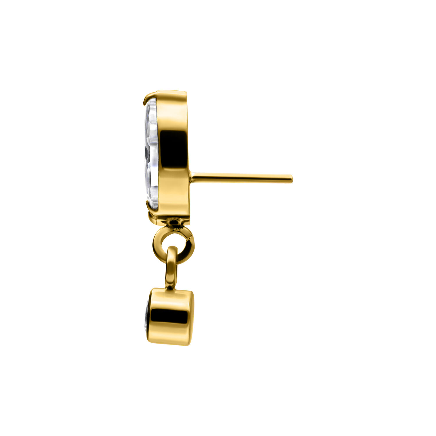 Ajuste de piercing dorado con cristales claros y colgante sobre fondo blanco