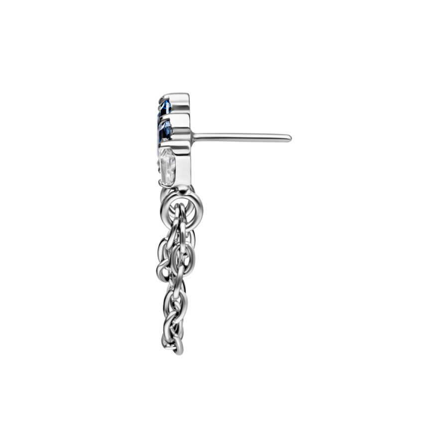 Top de piercing plateado con cristales lavanda y turquesa, de lado