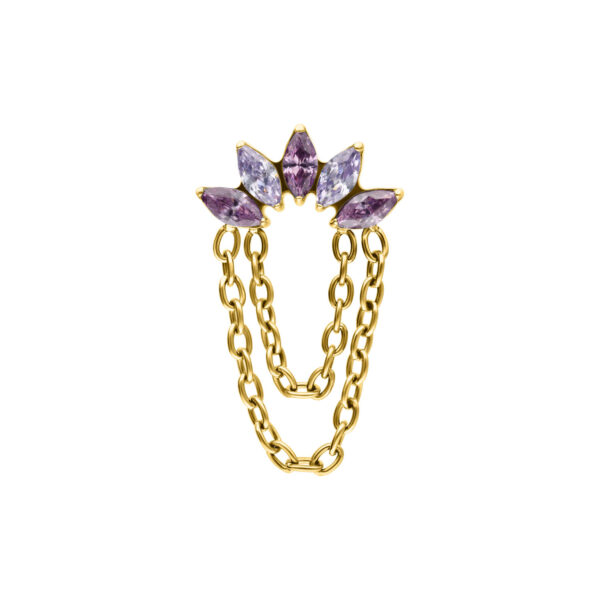 Adorno Push Fit dorado con cristales color lavanda sobre fondo blanco