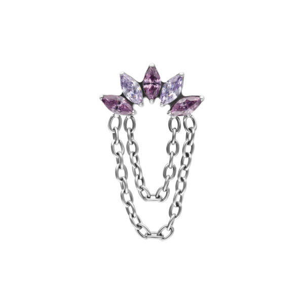 Conector Push Fit plateado con cristales color lavanda y cadena sobre fondo blanco