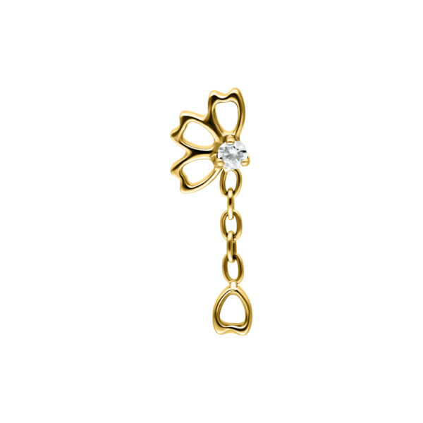 Ajuste de piercing dorado con piedra cristalina sobre fondo blanco