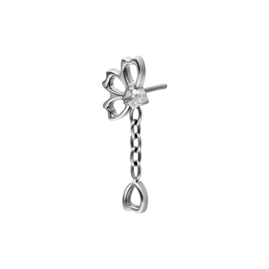 Accesorio de piercing plateado en forma de flor con cadena de cristal sobre fondo blanco
