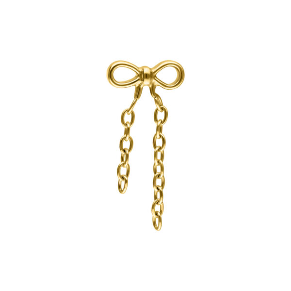 Colgante dorado Push Fit en forma de lazo con dos cadenas sobre fondo blanco