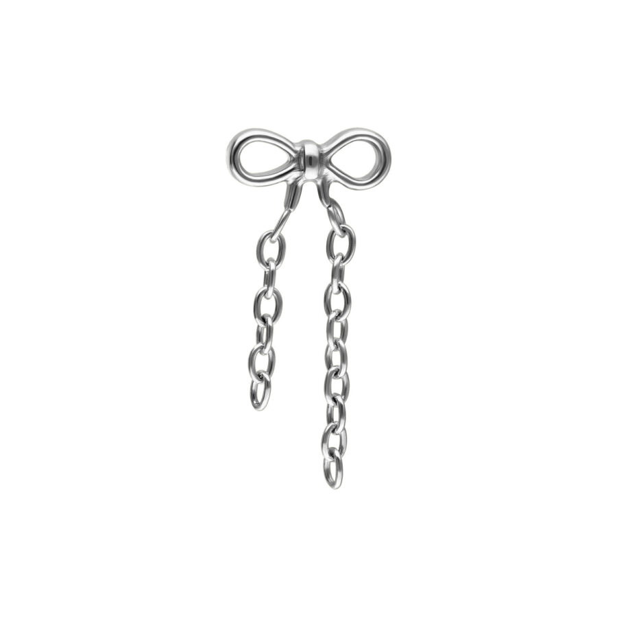 Colgante de titanio plateado en forma de lazo con cadenas colgantes, sobre fondo blanco