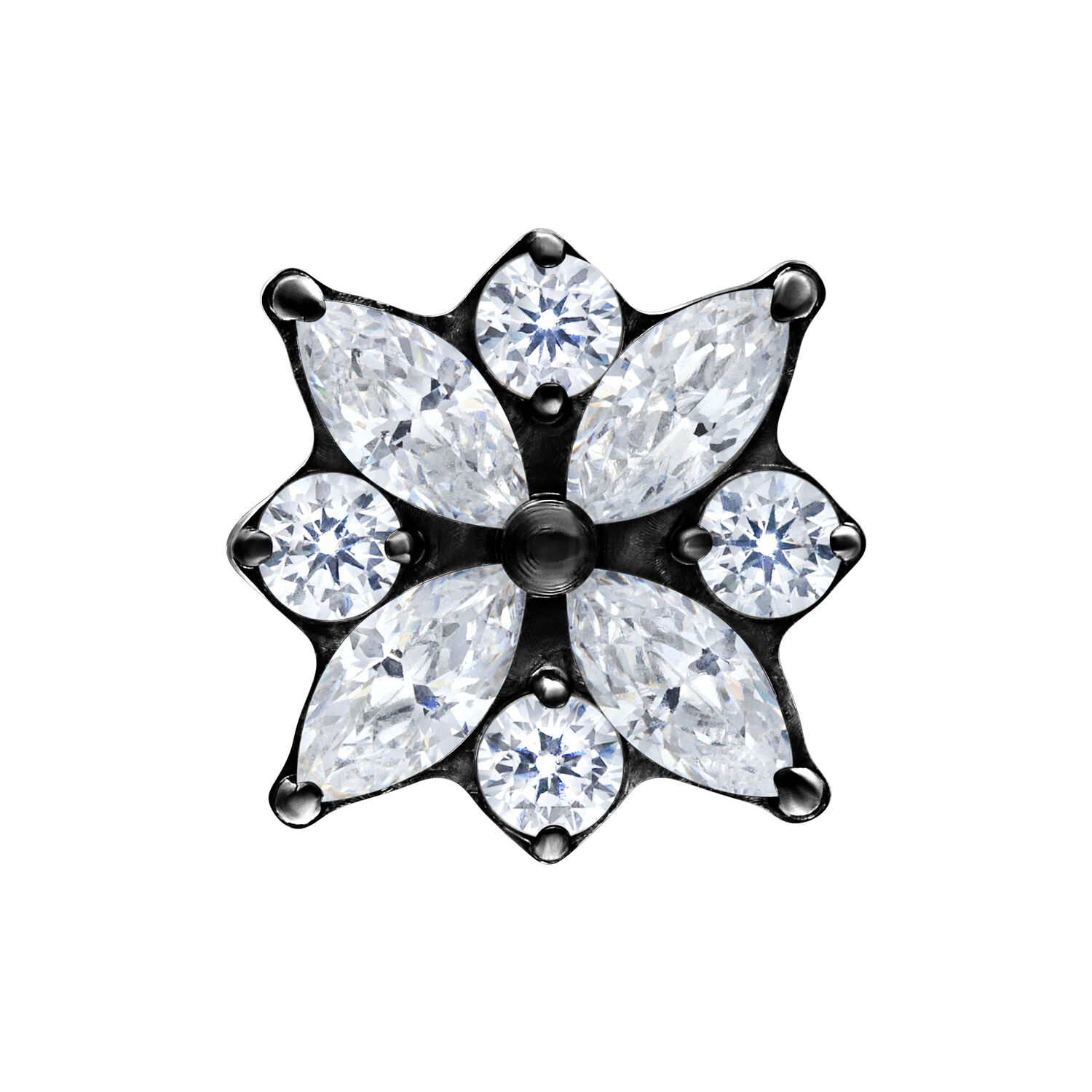 Adorno de flor de cristal negro con cristales claros sobre fondo blanco