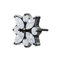 Adorno Push Fit negro con flores cristalinas sobre fondo blanco
