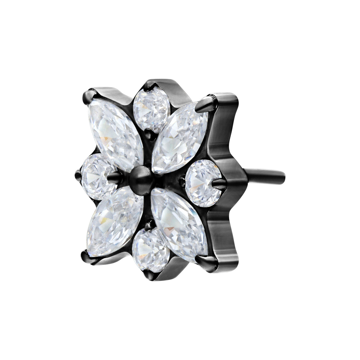 Adorno Push Fit negro con flores cristalinas sobre fondo blanco