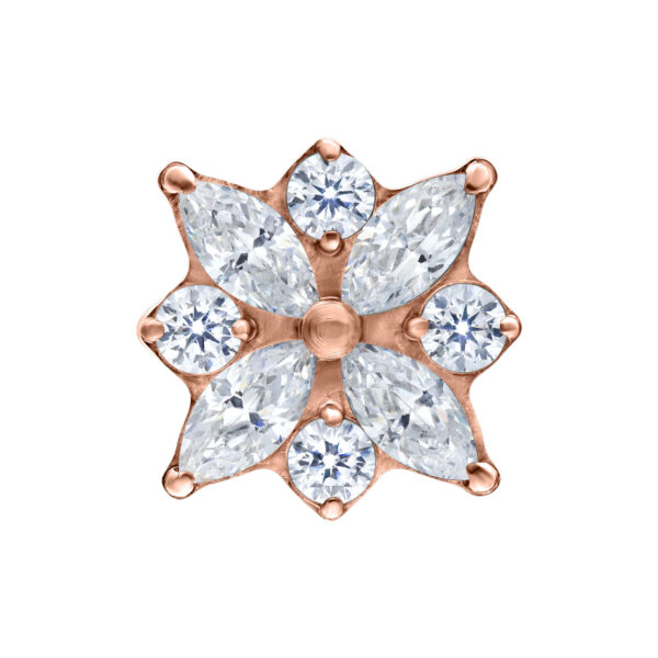 Adorno Push Fit roségold con piedras cristalinas sobre fondo blanco