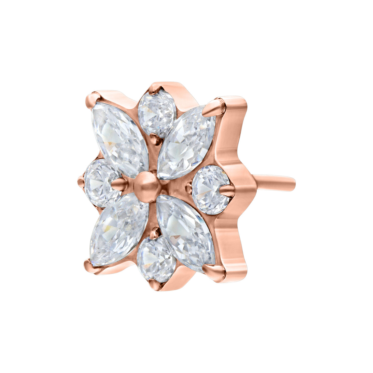 Ajuste Push de Roségold con Cristal en Forma de Flor Ajuste de roségold con piedras cristalinas en forma de flor sobre fondo blanco