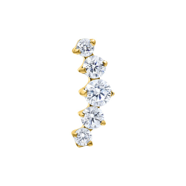 Ajuste dorado con 5 cristales claros, diseño curvado sobre fondo blanco