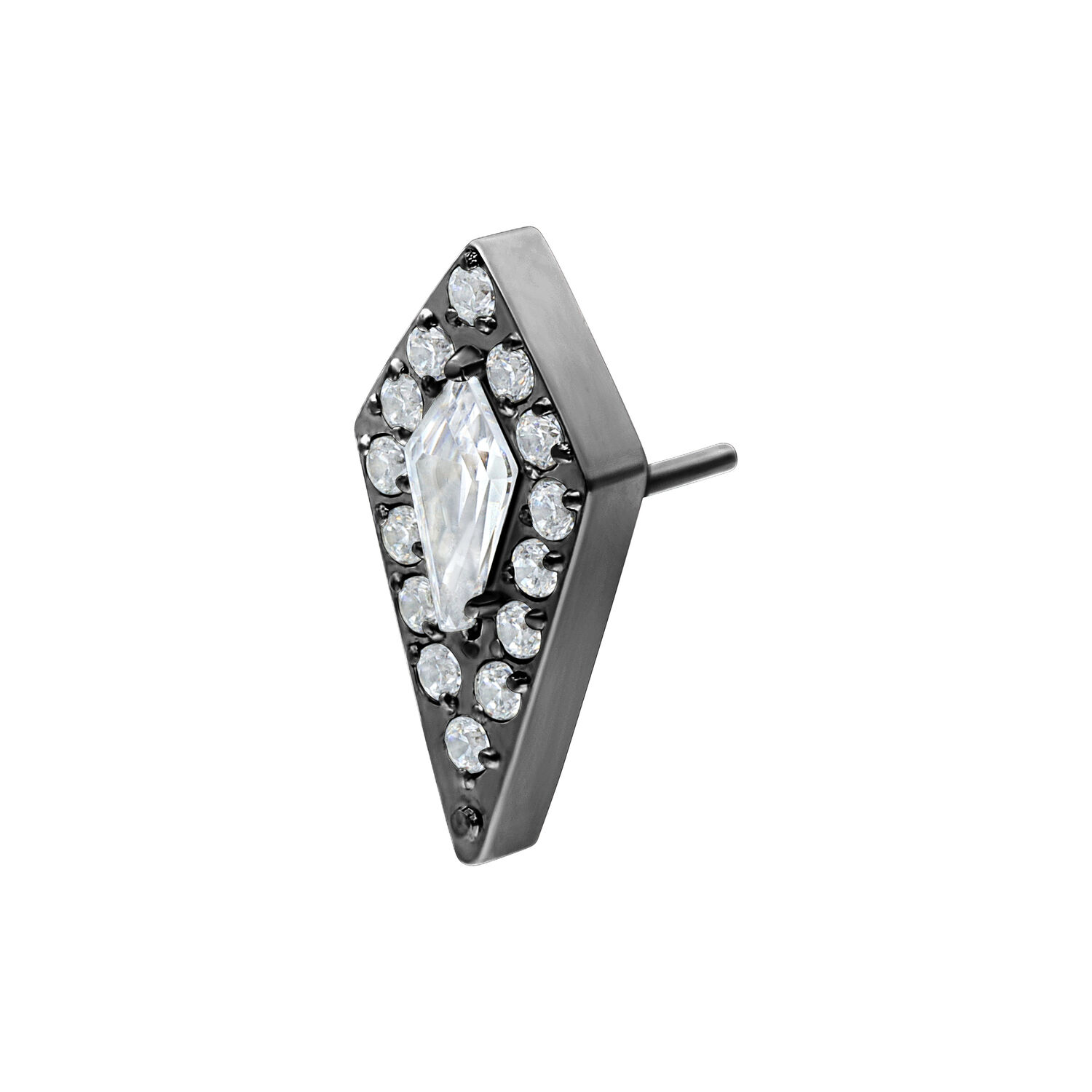 Adorno negro Push Fit para piercing con cristales claros sobre fondo blanco